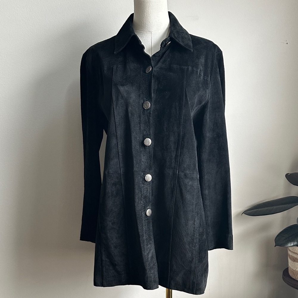 Chicos Jacket Womens 1 Black Suede Leather Mid Length Cowgirl Dark Academia